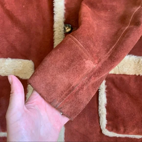 RARE vintage 70s burnt orange genuine suede Sherpa retro coat size XL - Picture 12 of 16